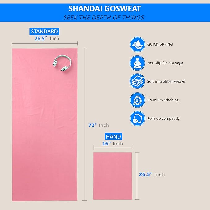 Shandali GoSweat Non-Slip Hot Yoga Towel with Super-Absorbent Soft Suede Microfiber in Many Colors, for Bikram Pilates and Yoga Mats.