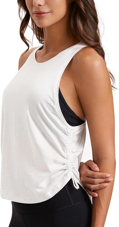CRZ YOGA Pima Cotton Ruched Side Tank Tops for Women - Workout Athletic Casual Racerback Crewneck Loose Sleeveless Shirts