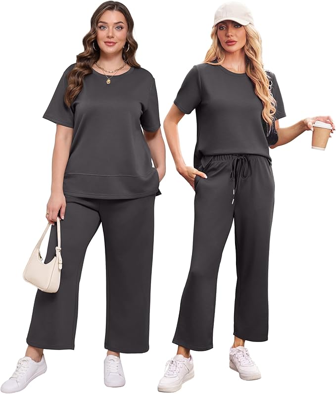 XIEERDUO Women's Side Slit Lounge Sets 2026 Fashion 2 Piece Travel Outfits Cozy Loungewear Wide Leg Tracksuits S-3XL