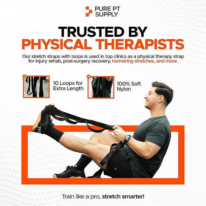 Pure PT Stretching Strap with 10 Loops – Non-Elastic - Physical Therapist-Approved Stretch strap for Stretching, Yoga, Injury Recovery & Flexibility | Premium Yoga Strap - Expert Workouts Included