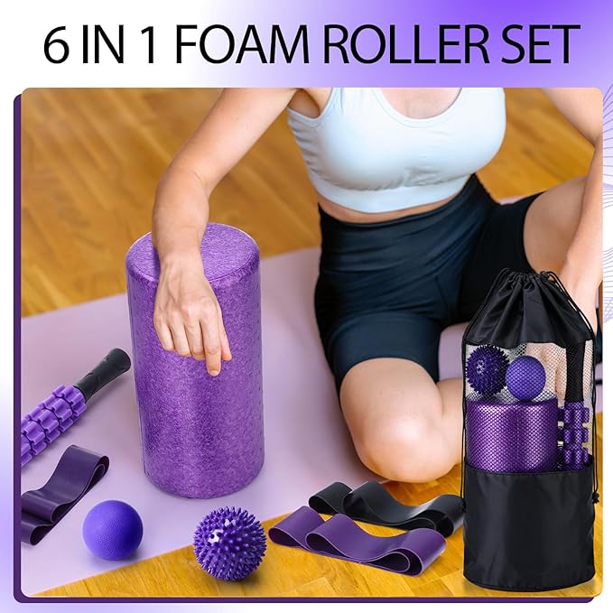 Soulchen 12 Pcs Foam Roller Set - 6 in 1 Deep Muscle Recovery Kit Includes Back Roller, Massage Ball, Muscle Stick, Fasciitis Ball, Stretch Strap & Bag for Body Physical Exercise Therapy, 2 Set