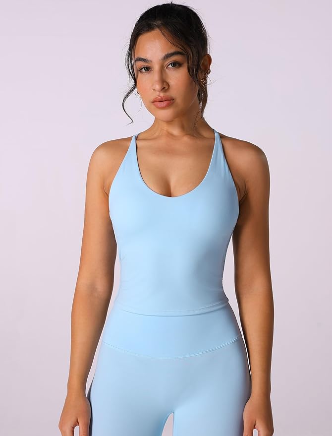 ABOCIW Womens Cross Back Workout Crop Tank with Built in Bra V Neck Longline Sports Bra Gym Shirt Yoga Pilates Top