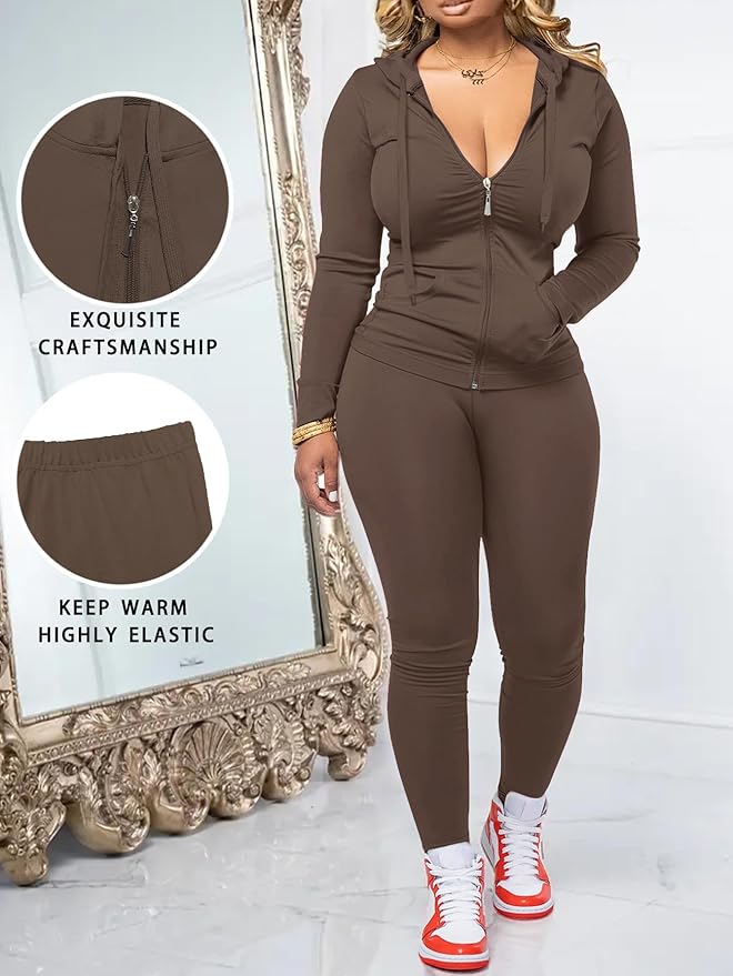 Women Two Piece Outfits Workout Sets Bodycon Legging Jacket Tracksuit Zip Up Hoodie Jogger Matching Sweat Pants Set