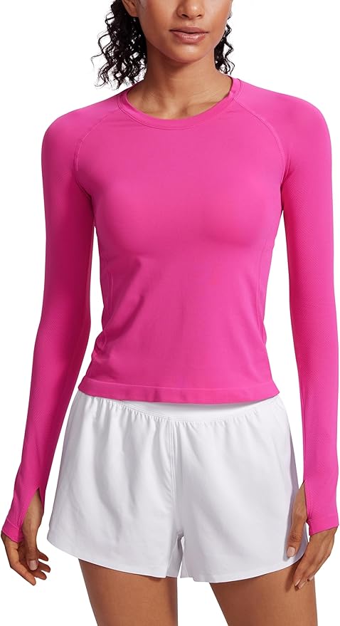 CRZ YOGA Seamless Long Sleeve Shirts for Women Waist Length - Workout Athletic Running Gym Yoga Tops Crewneck Breathable