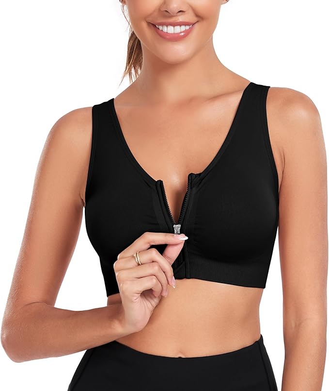 Women's Zip Front Sports Bra Wireless Post-Surgery Bra Active Yoga Sports Bras