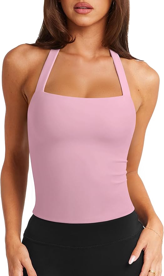 LASLULU Womens Sexy Halter Sports Bra Workout Tops Wirefree Sleeveless Gym Yoga Tank Tops Y2k Casual Crop