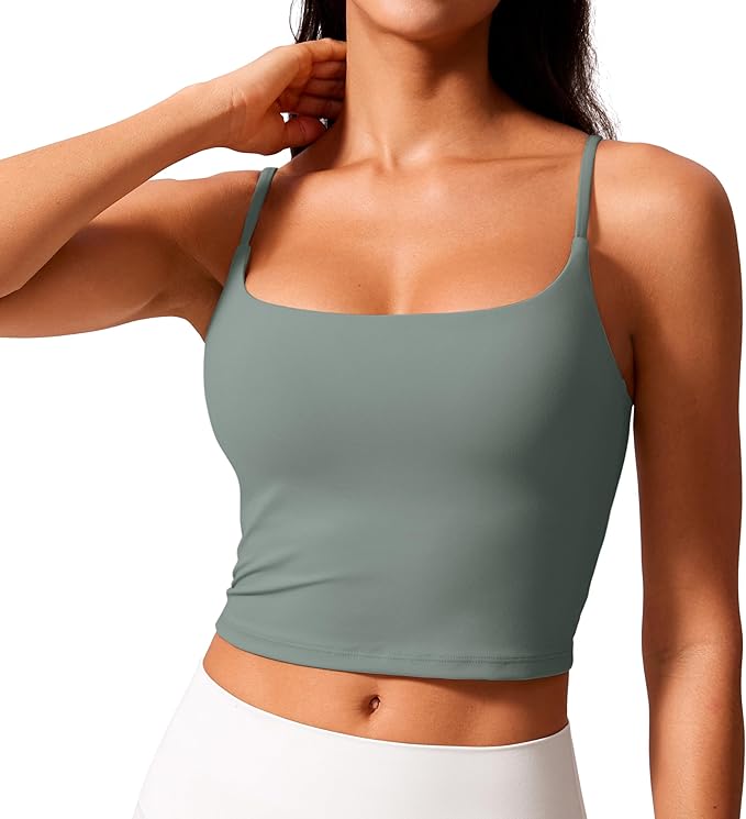 CRZ YOGA Butterlift Adjustable U Back Crop Tank Tops for Women - Padded Camisole Scoop Neck Workout Longline Sports Bras