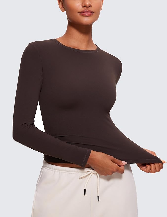 CRZ YOGA Softembrace Crewneck Long Sleeve Shirts for Women - Casual Going Out Tops Soft Basic Fitted Tight Fall T-Shirts
