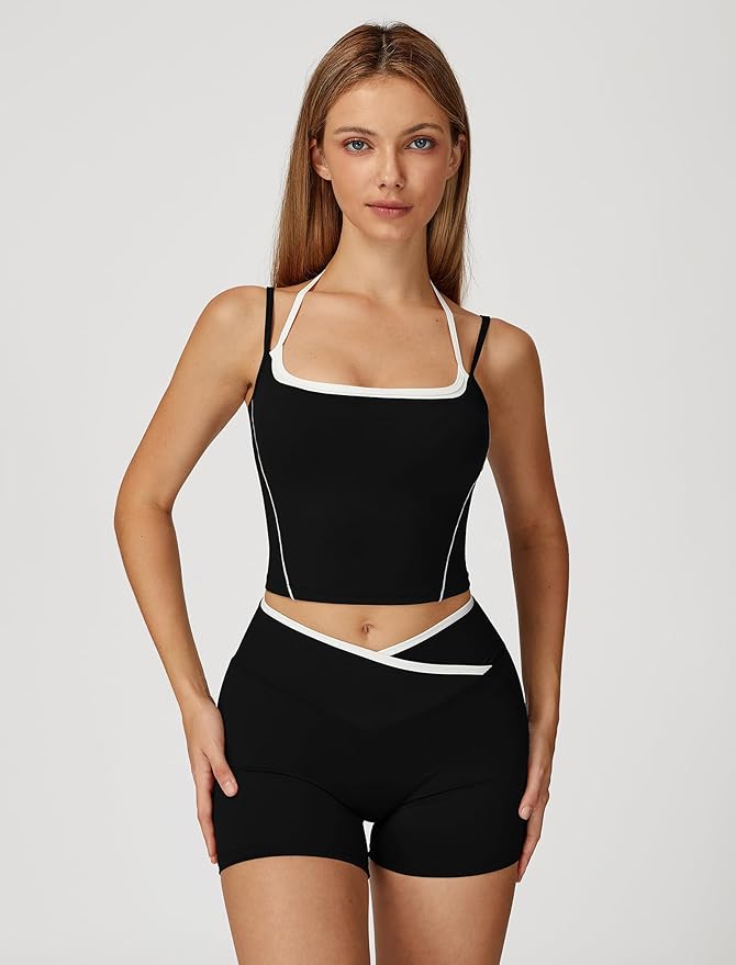 ABOCIW Workout Sets for Women 2 Piece Color Block Layered Cropped Tank Top Crossover High Waist Biker Shorts Gym Sets