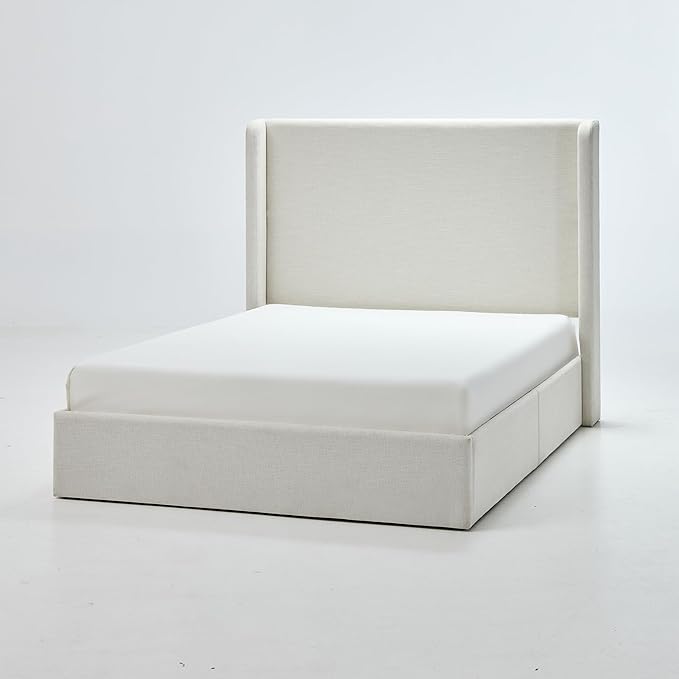 King Size Upholstered Platform Bed Frame, 52.3" High Headboard Carmen Wingback Beds, Tall Headboard King Floor Bed Frames, No Box Spring Needed No Noise, Minimalist, Textured Ivory