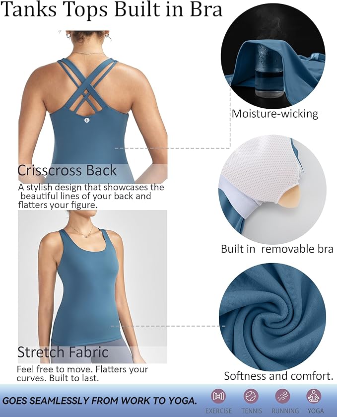 RUNNING GIRL Tank top with Built in Bra for Women,Compression Shirts Crisscross Back Workout Yoga Tops