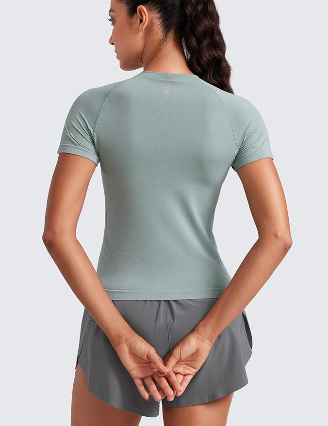 CRZ YOGA Seamless Workout Tops for Women Waist Length - Running Gym Athletic Yoga Short Sleeve Shirts Breathable Crewneck