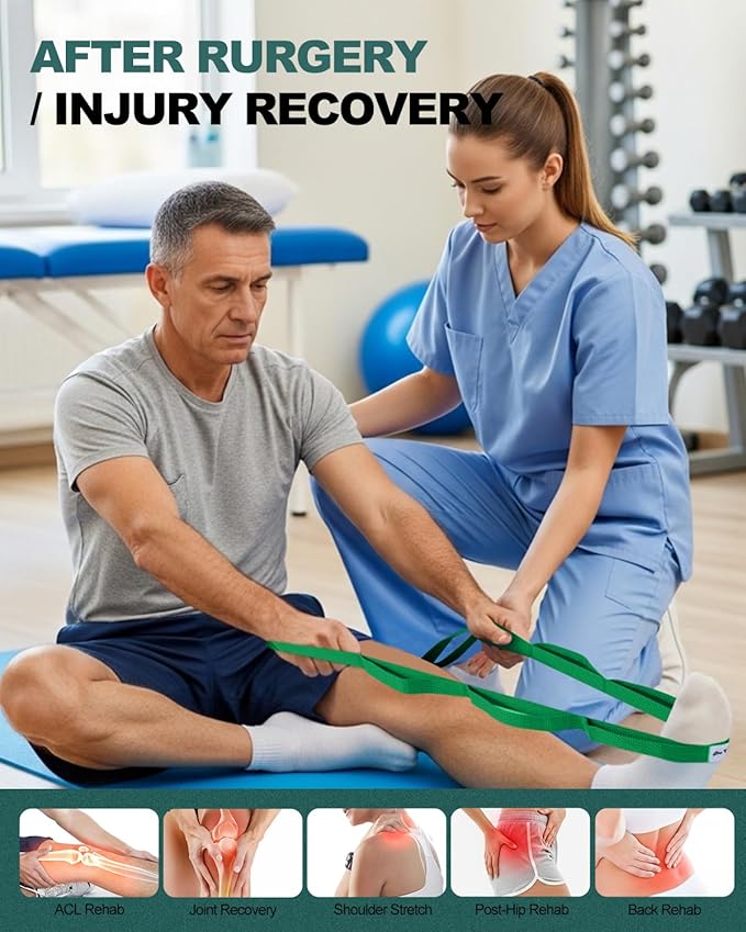 Trideer Stretching Strap with Loops & Leg Lifter, Non-Elastic PT-Style Physical Therapy Strap for Knee Replacement Rehab, Hamstring, Calf & Back Stretcher Mobility, Hip, Shoulder & Yoga
