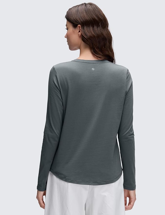 CRZ YOGA Pima Cotton Crewneck Long Sleeve Shirts for Women - Workout Athletic Yoga Casual Tops Soft Plain T-Shirt