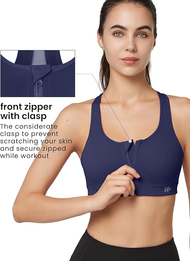 Yvette Zip Front Sports Bra - High Impact Sports Bras for Women Plus Size Workout Fitness Running