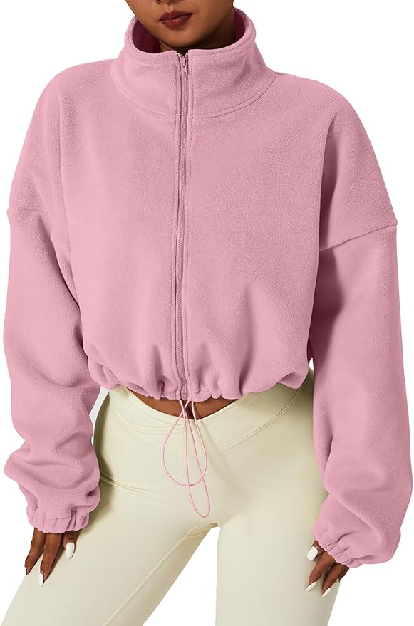 QINSEN Women's Full Zip Fleece Short Jacket Warm Winter Long Sleeve Stand Collar Sherpa Crop Coat