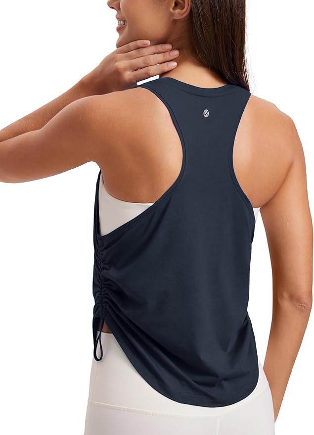 CRZ YOGA Pima Cotton Ruched Side Tank Tops for Women - Workout Athletic Casual Racerback Crewneck Loose Sleeveless Shirts