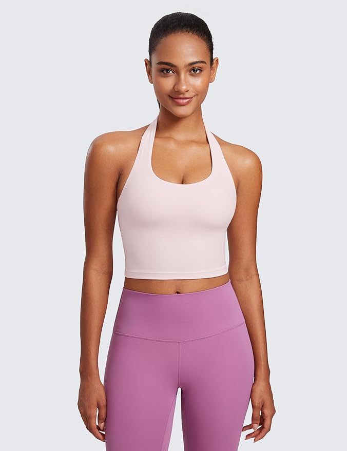 CRZ YOGA Butterluxe Halter Crop Tank Tops for Women - Open Back Padded Longline Sports Bras Workout Gym