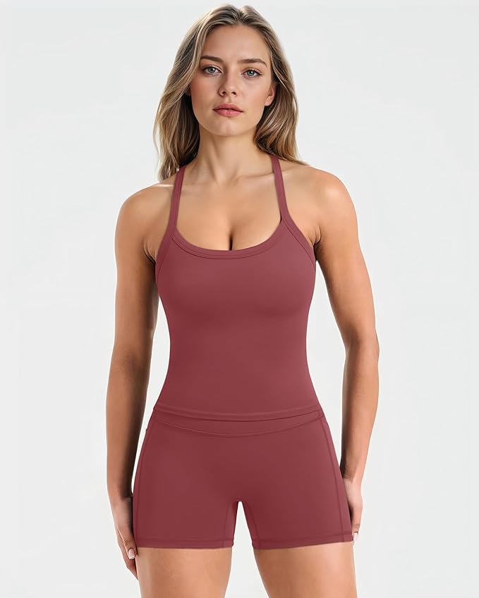 SUUKSESS Women 2 Piece Workout Sets High Waisted Biker Shorts with Pockets Built in bra Racerback Tank Tops
