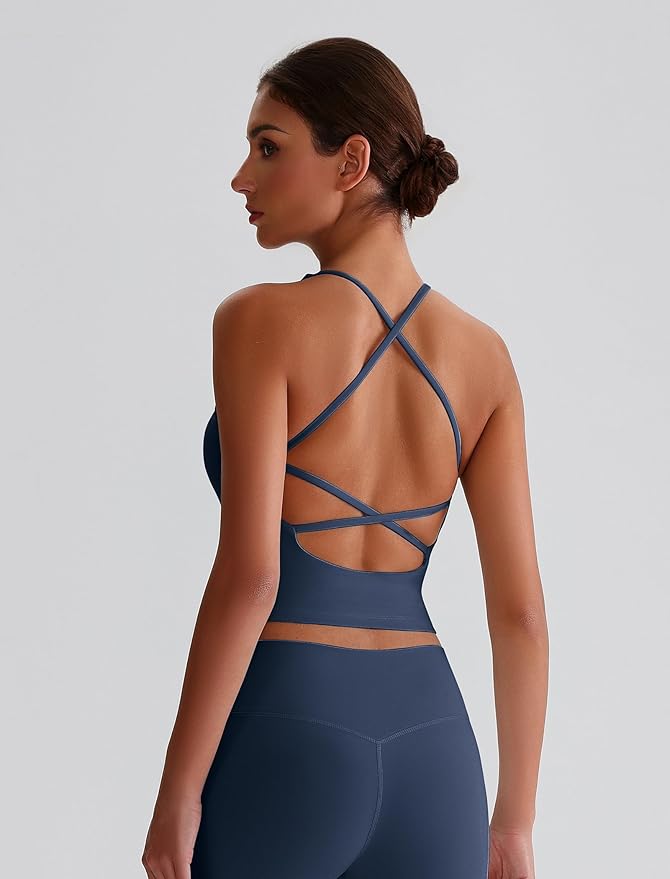 ABOCIW Womens Cross Back Workout Crop Tank with Built in Bra V Neck Longline Sports Bra Gym Shirt Yoga Pilates Top