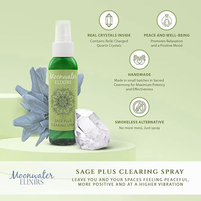White Sage Smudge Spray for Spiritual Cleansing & Aura Protection, Sage Mist for Cleansing Negative Energy & Protection, Home & Meditation, Clear Quartz Reiki Energized Aromatherapy Room Spray - 4oz