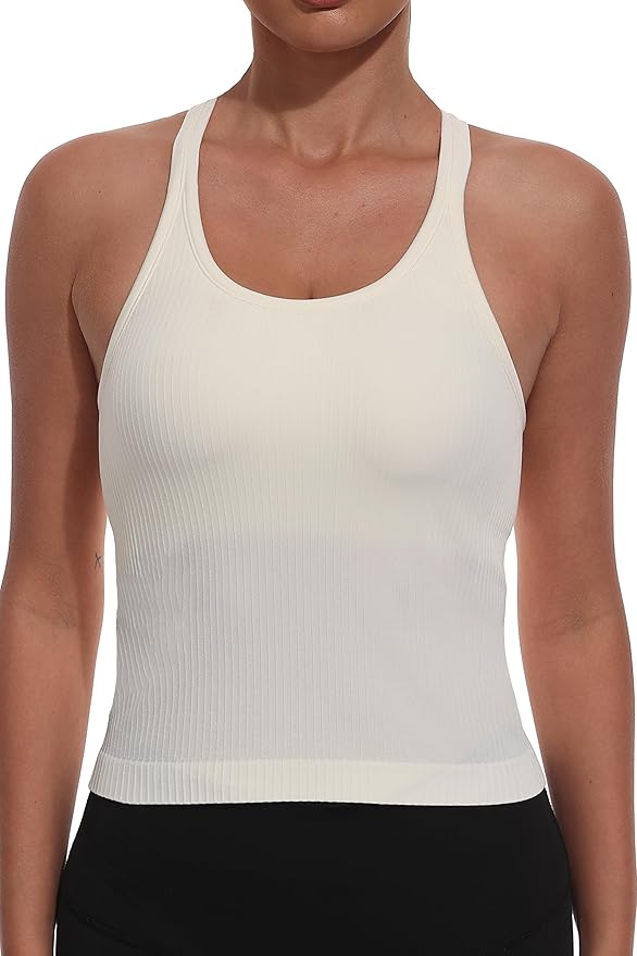 YIOIOIO Women Ribbed Workout Crop Tops with Built in Bra Seamless Yoga Racerback Tank Top Tight Fit