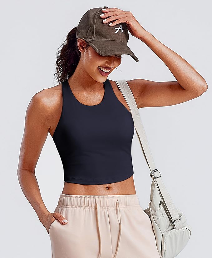 PINSPARK Women Sports Bra High Neck Racerback Workout Crop Tank Top Longline Padded Yoga Tops with Built in Pads