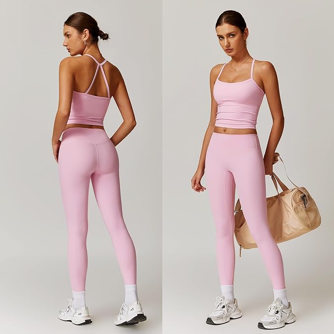 Women 2 Piece Workout Sets (NEW) Yoga Outfit Open Back Tank Top High Waisted Leggings Gym Sets Tracksuits