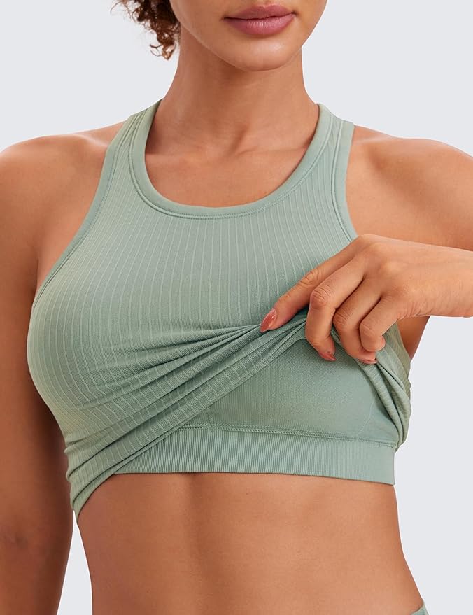 CRZ YOGA Seamless Ribbed High Neck Crop Tank Tops for Women - Longline Racerback Padded Sports Bras