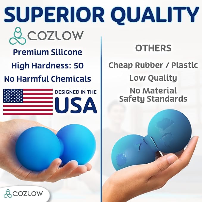 COZLOW Double Lacrosse Silicone Massage Ball - Cobalt Blue - Peanut Trigger Point Roller for Mobility, Deep Tissue Therapy, Myofascial Release - Acupressure Tool for Muscle Pain Relief