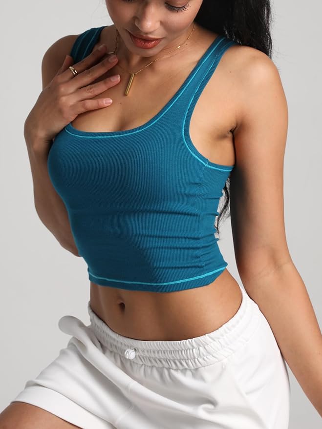 Danysu Women Rib Tank Top Padded Workout Top Square Neck Crop Tank Fitted Basic Cami Tops