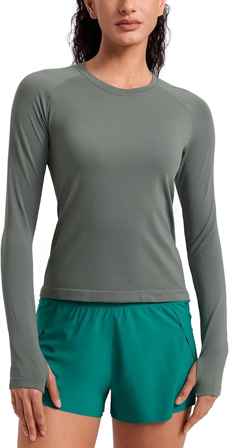 CRZ YOGA Seamless Long Sleeve Shirts for Women Waist Length - Workout Athletic Running Gym Yoga Tops Crewneck Breathable