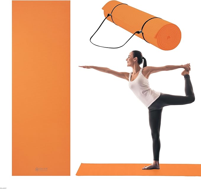 Gaiam Essentials 1/4" Thin (6mm) Yoga & Pilates, Fitness & Exercise Mat with Easy-Cinch Carrier Strap Cusion Support For Fitness and Gym Workouts