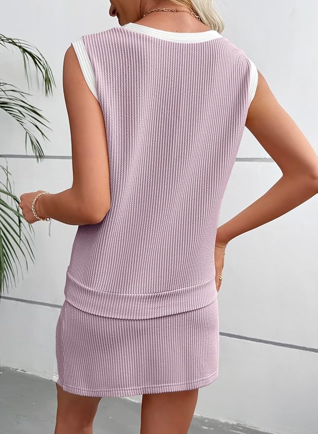 EVALESS 2 Piece Sets for Women Summer Outfits Ribbed Knit Tank Top and Split Lined Skirt Two Pieces Lounge Matching Set