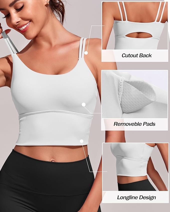 Everrysea Sports Bras for Women High Support Longline Workout Tank Tops Built in Bra Strappy Yoga Padded Crop Top