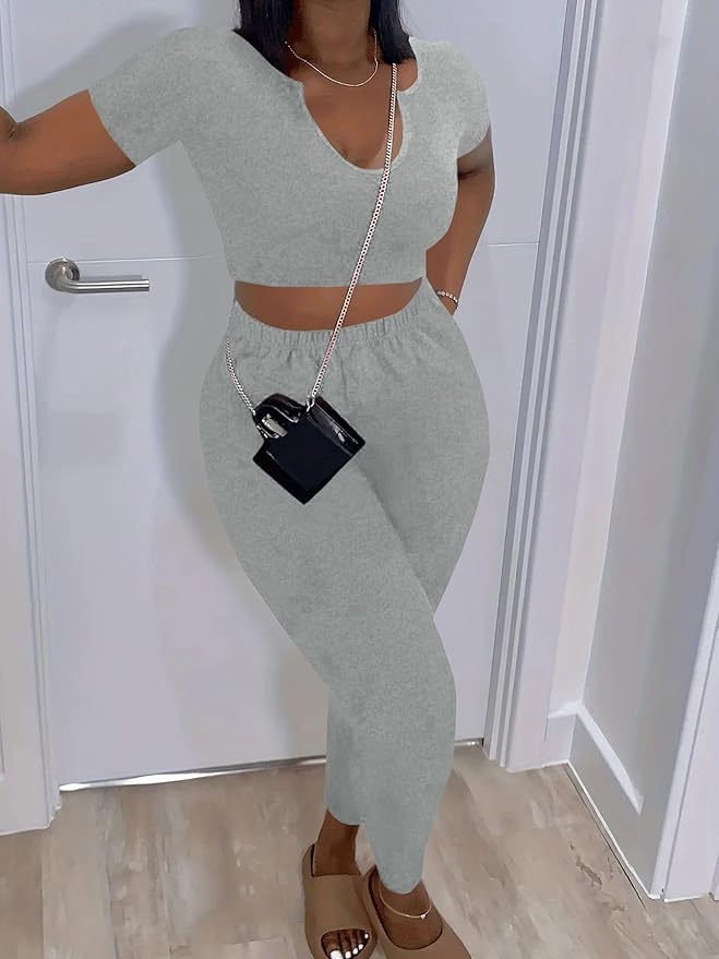 Nimsruc 2 Piece Sets For Women Sexy Casual Workout Crop Short Sleeve Long pants Leggings Sets Summer Active Wear