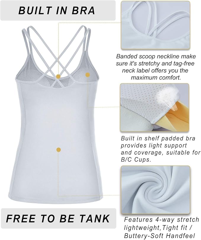RUNNING GIRL Yoga Tank Tops for Women Built in Shelf Bra B/C Cups Strappy Back Activewear Workout Compression Tops