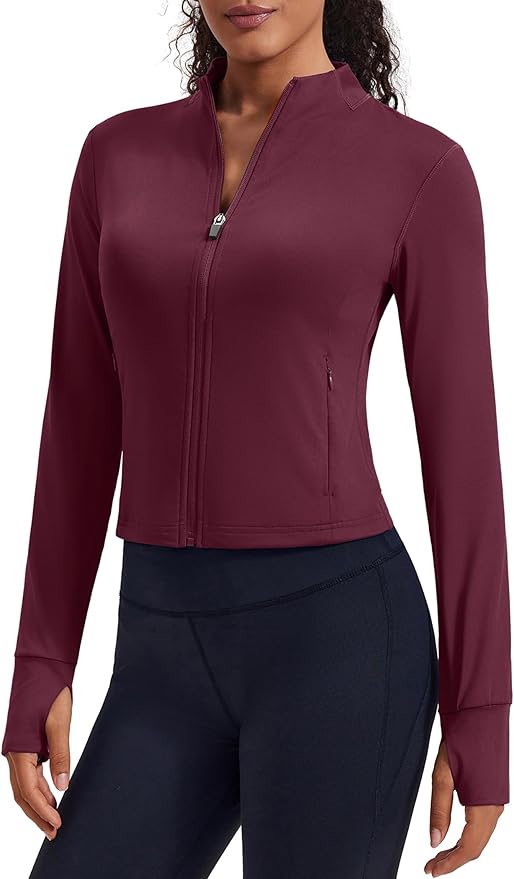PINSPARK Women Cropped Workout Jackets Full Zip Slim Fit Athletic Jackets Thumb Holes Running Jacket with Zipper Pockets
