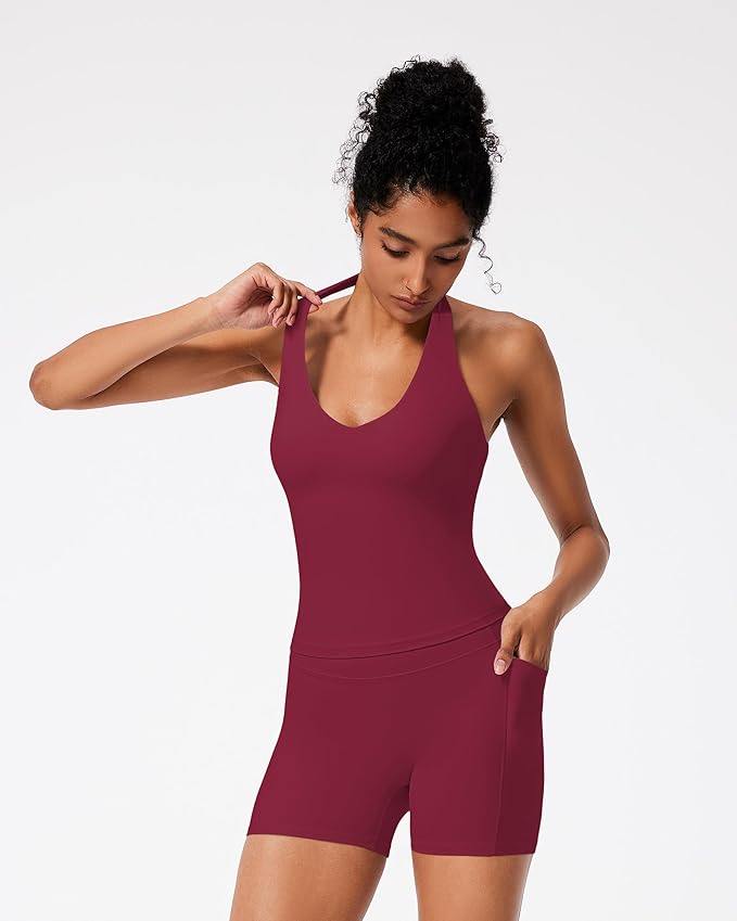 RXRXCOCO Halter Workout Sets for Women 2 Piece V Neck Tank Tops Hidden Scrunch Booty Shorts Gym Outfits with Pockets