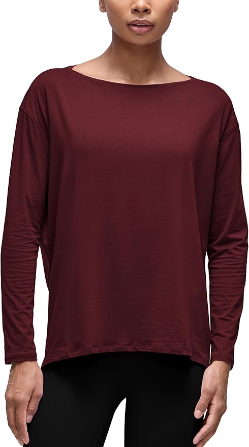CRZ YOGA Pima Cotton Boat Neck Long Sleeve Shirts for Women - Workout Athletic Yoga Casual Tops Loose Fit Fall T-Shirts