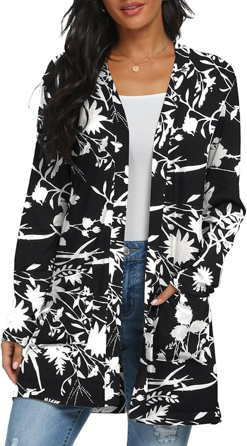 Womens Casual Lightweight with Pocketes Long Sleeve Open Front Cardigan