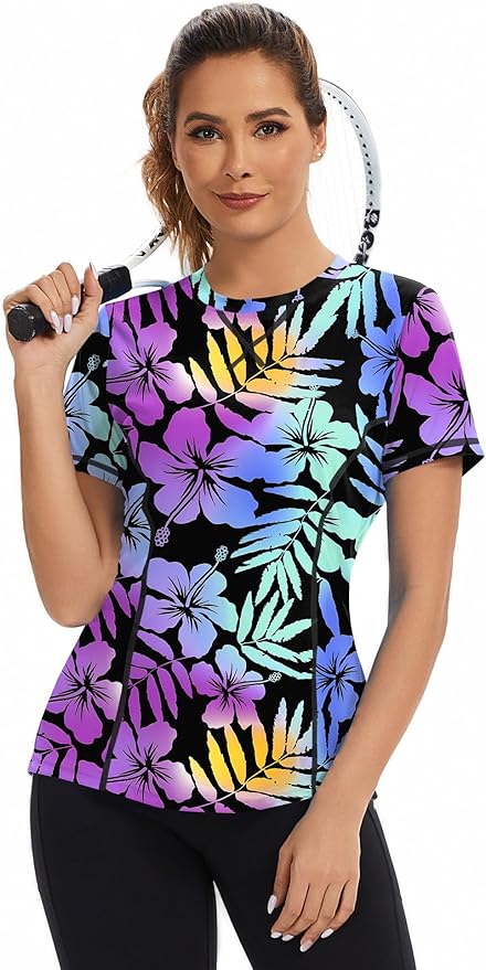 AVOOGUE Women's Short Sleeve Workout Tops Quick Dry Athletic UPF50+ Sun Protection Shirts Gym Hiking Running Yoga Clothes