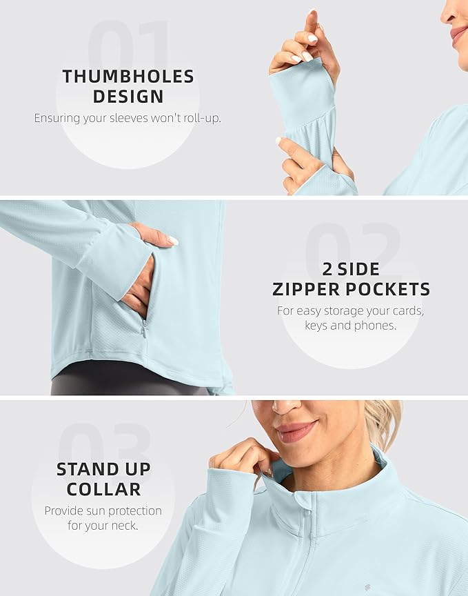 Soothfeel Women's UPF 50+ Lightweight Athletic Jackets Sun Protection Zip Up Long Sleeve Shirts Hiking Workout Outdoor Pocket