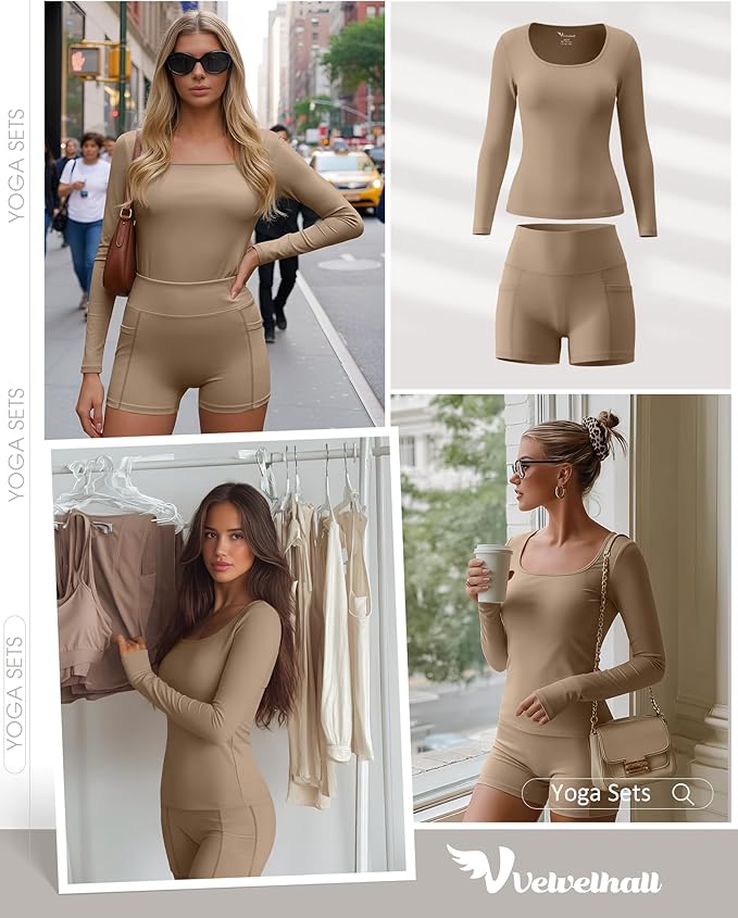 Women Workout Sets 2 Piece Yoga Square Neck Long Sleeve Top Athletic Seamless Short Pockets Sport Gym Run Outfits