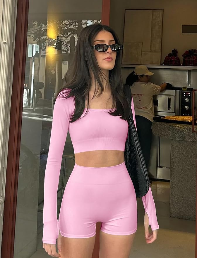 Two Piece Workout Set for Women Long Sleeve Top Matching High Waist Scrunch Butt Shorts Gym Sets Yoga Outfits Sets
