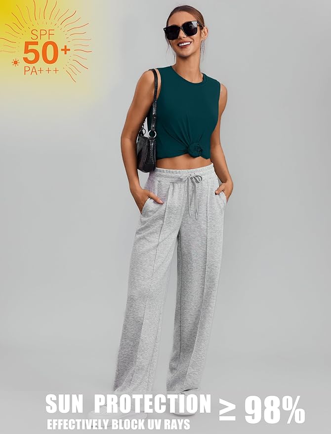 PINSPARK Workout Tops for Women Sleeveless Athletic Tank Tops UPF 50+ Running Tanks with Side Slits Loose Fit Gym Yoga Shirt