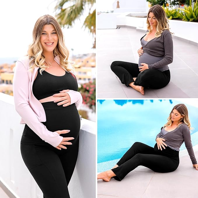 Leafigure Maternity Flare Leggings with Pockets Over The Belly Yoga Pants for Workout Soft Pregnancy Activewear