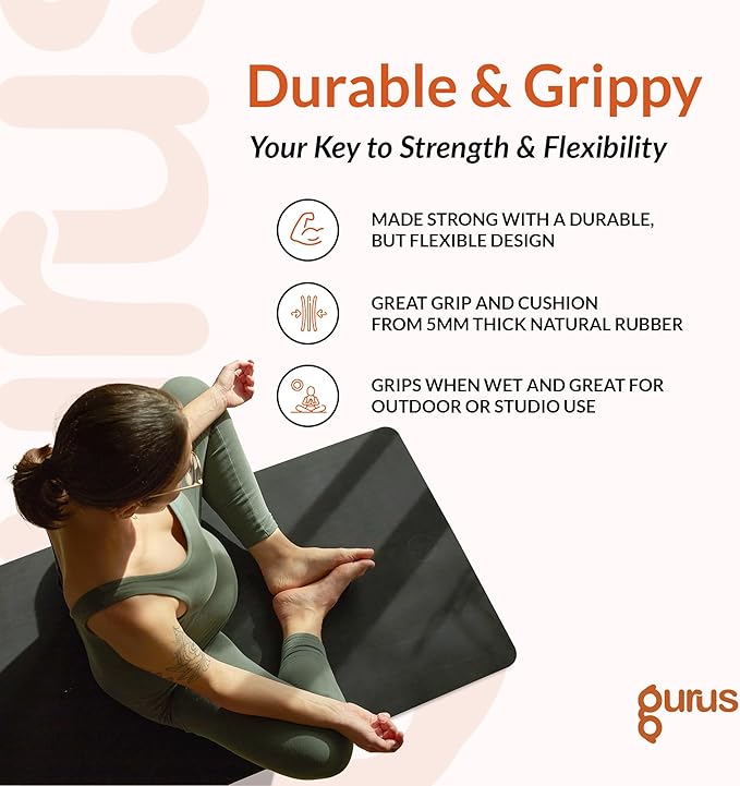Gurus Natural Rubber Yoga Mat, Eco Friendly Earth Yoga Mat, Non Slip Yoga Rubber Mat, 72x25 Inches 5 mm Thickness