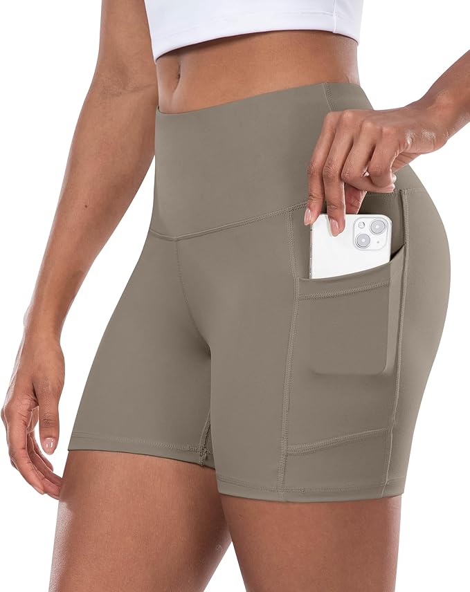 CHRLEISURE Womens Biker Yoga Shorts with Pocket, High Waisted Tummy Control 5 Inch Workout Spandex Athletic Gym Shorts