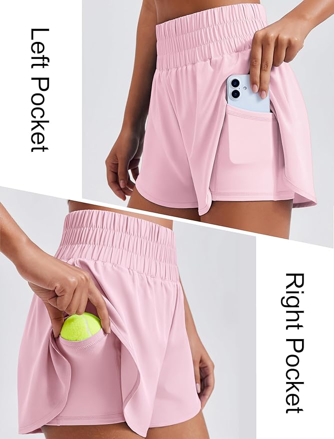 PINSPARK Women's 2 in 1 Running Shorts High-Split Athletic Short High Waisted 3" Liner Workout Gym Short with Pockets